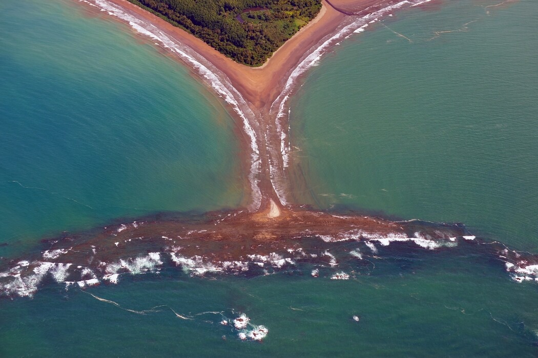 Aerial view of famous whale tail beach formation in Uvita, Costa Rica