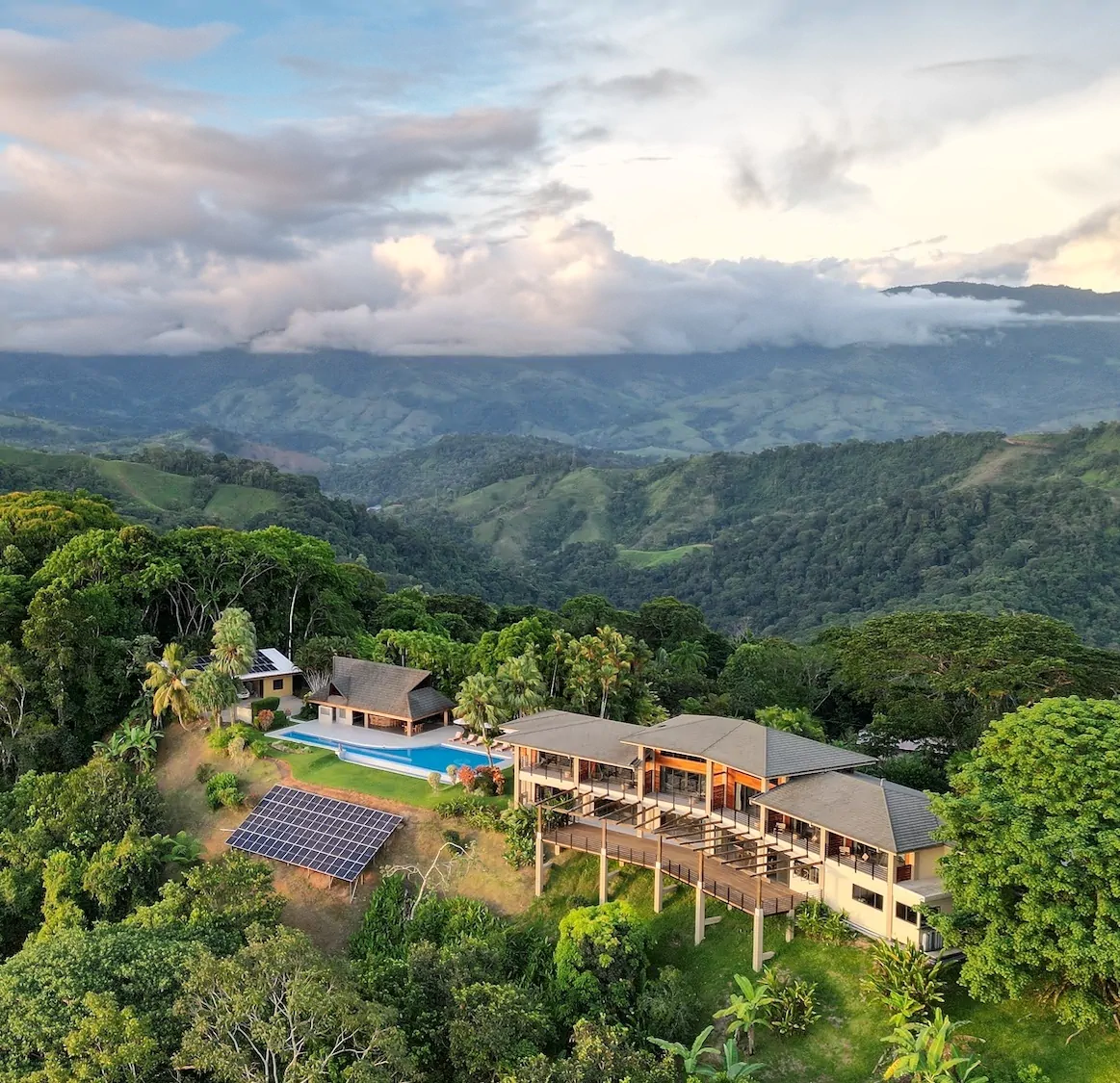 Hero Drone Aerial with Mountain view Lamangata Luxury Surf Resort mountain views - Costa Rica rainforest retreat