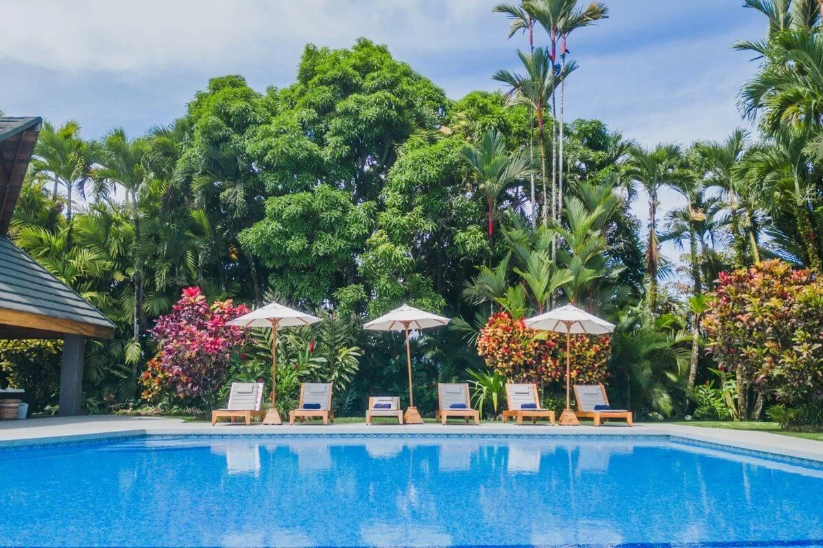Row of wooden sun loungers with white umbrellas beside a bright blue swimming pool, surrounded by dense tropical trees and colorful flowering bushes under a partly cloudy sky.