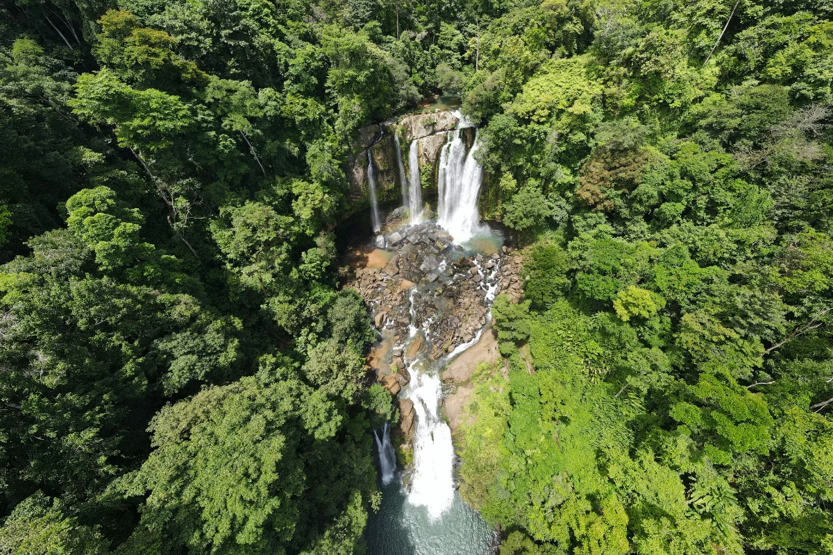 Aerial view of Nauyaca Waterfalls cascading through dense rainforest in Costa Rica
