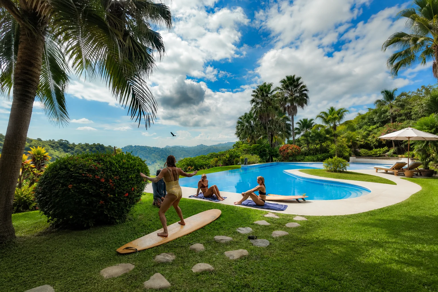 Guest practicing surf pop up on lawn near infinity pool
