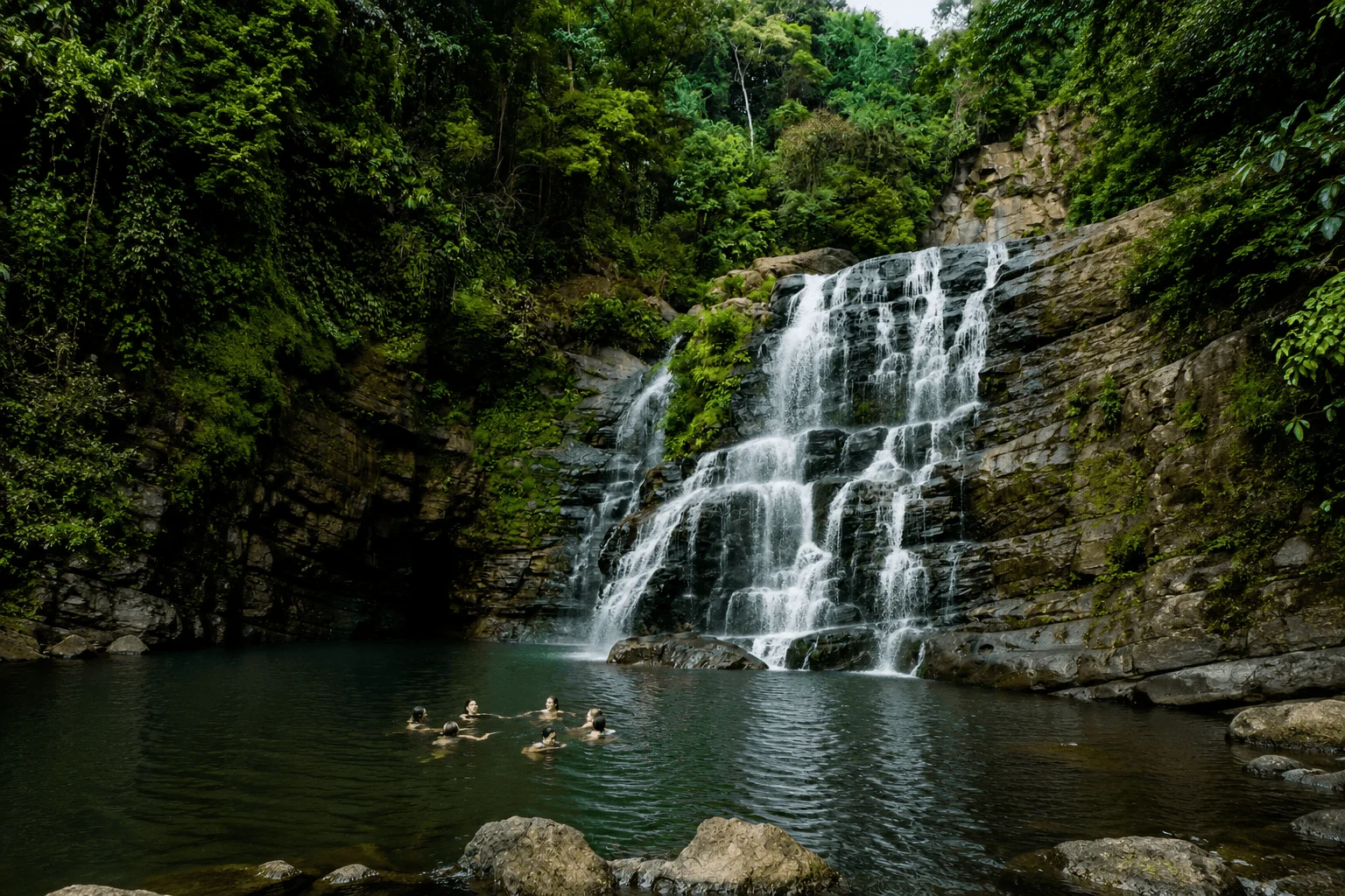 Guests swimming in natural pool below Nauyaca Waterfalls